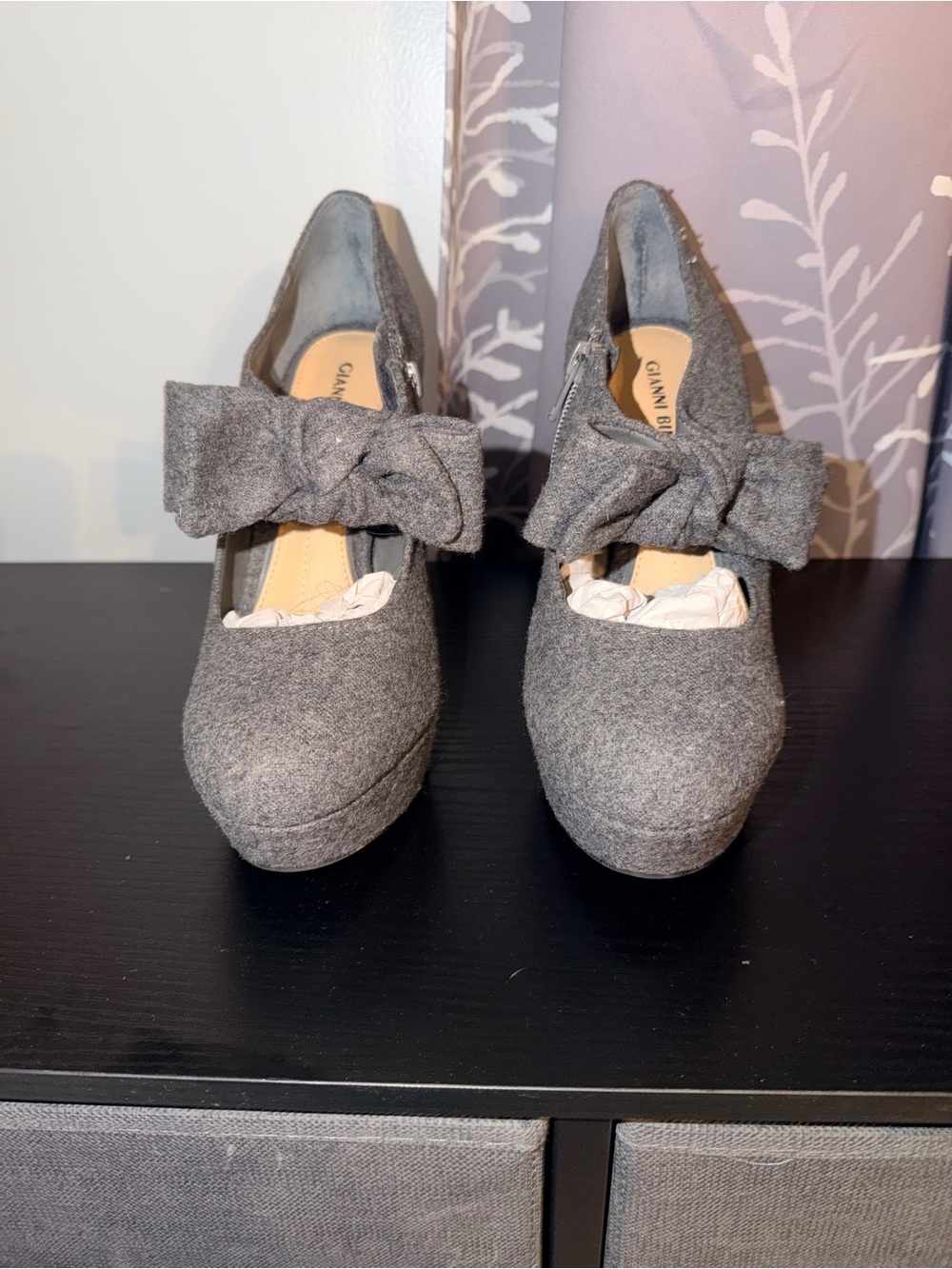Gianni Bini Gray Felt Bow Platform Pumps